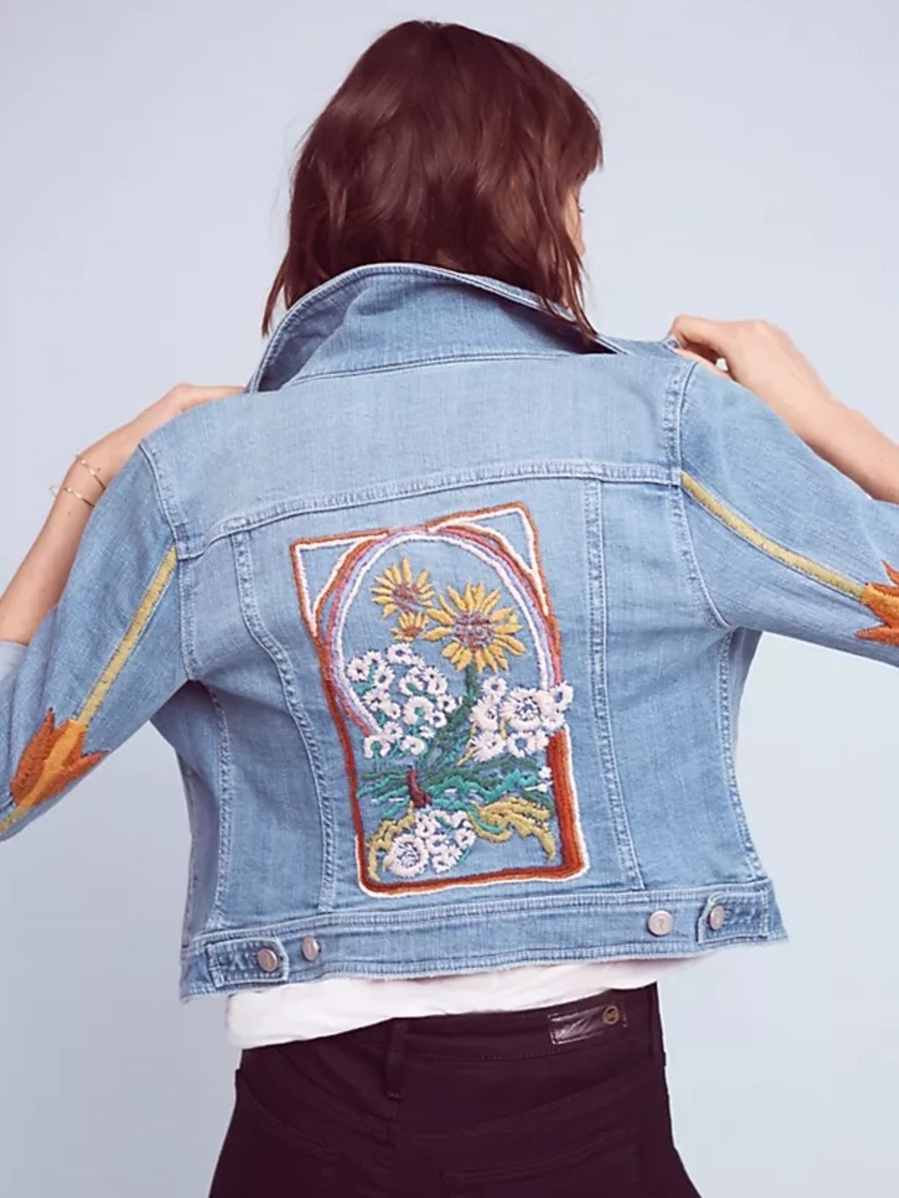 Pilcro Anthropologie Embroidered Floral Denim Jacket Size Small - Picture 3 of 15